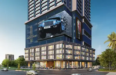 Retail podium facade with a large-format digital display