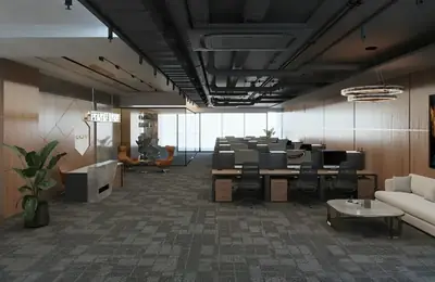 Office interior at Platinum 9 World Tower with reception and open workstations